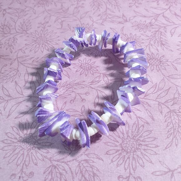Vintage Puka Dyed Purple White Shell Chip Stretch Bracelet 7" Beach Core Boho - Picture 1 of 3
